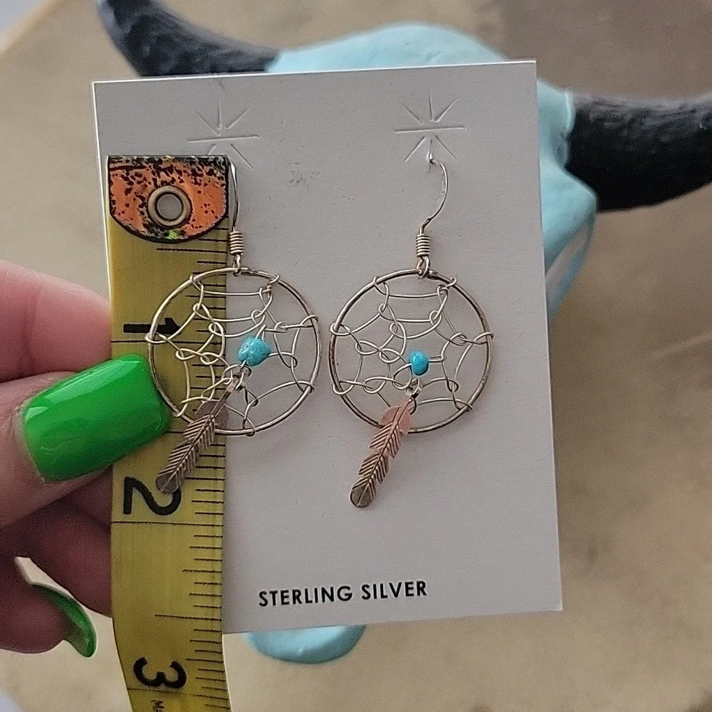 Sterling Silver & Turquoise Dreamcatcher Earrings Southwestern Boho Western